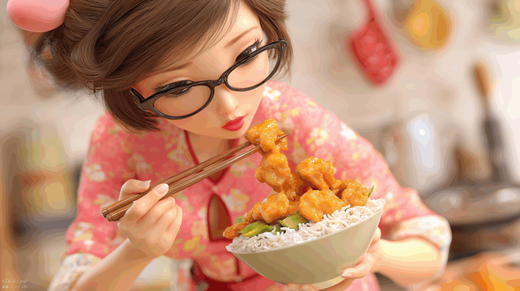 箸で豚肉の黒酢炒めを食べる女性