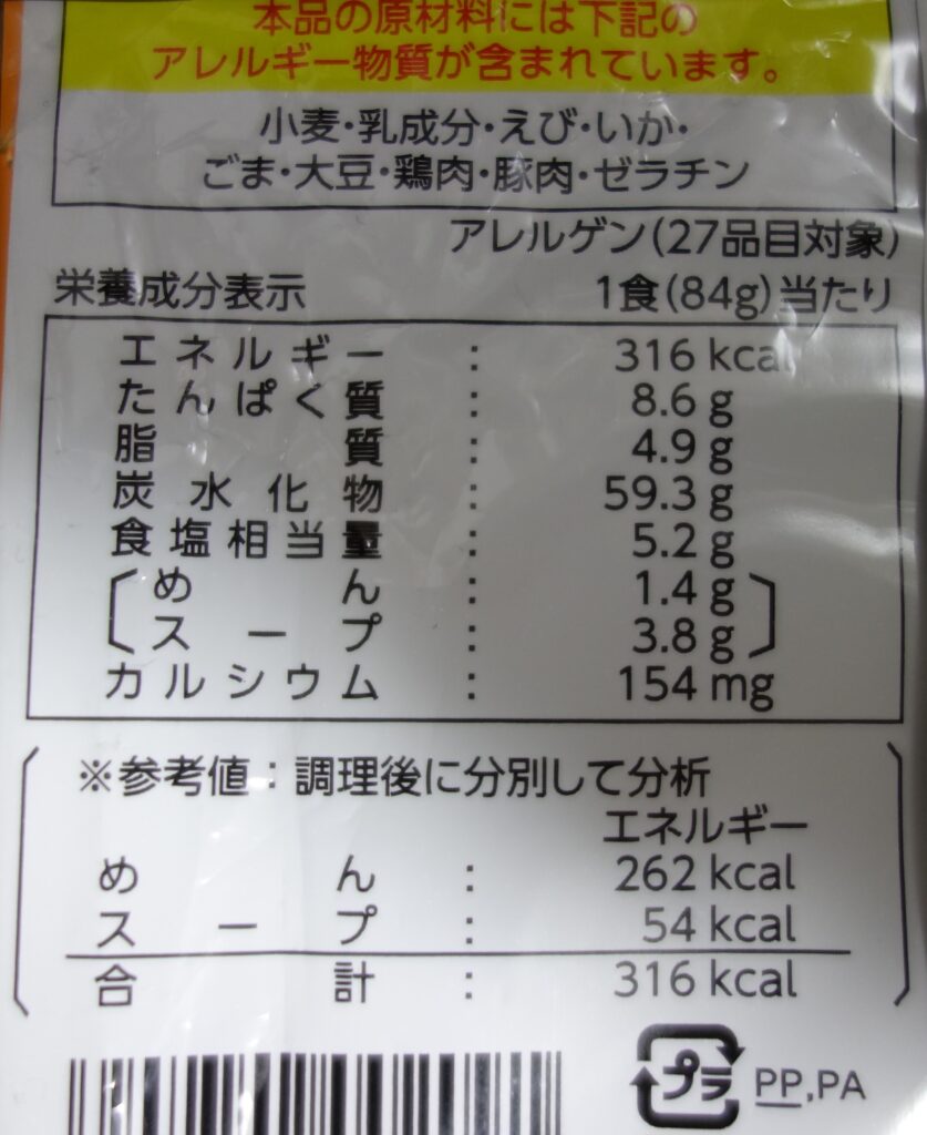 食品の栄養成分表示とアレルギー物質に関する注意書き
